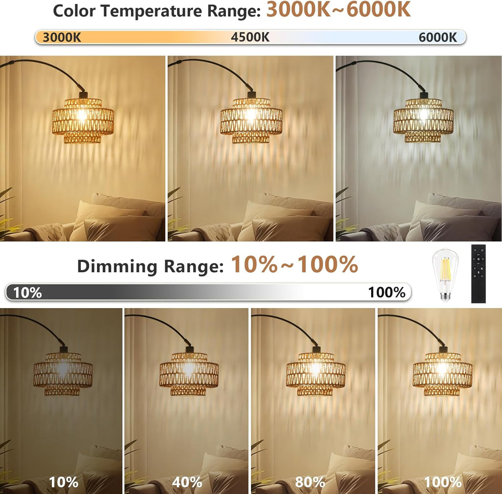 Arc Floor Lamp, Boho Rattan Floor Lamp with Remote, Black Standing Lamp with Dimmable Blub Timer