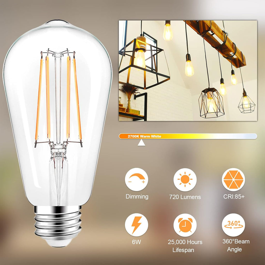 LED Light Bulbs Dimmable Vintage Edison Bulb, E26 LED Bulb 60W Equivalent 720 Lumens, Warm White 2700K, ST58 Antique (Pack Of 4)