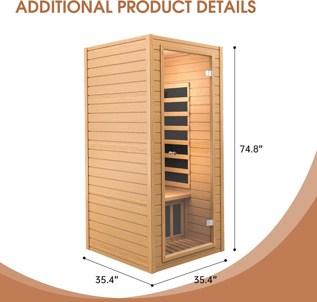 Far Infrared Sauna, Low EMF 1 Person Sauna, Indoor Canadian Hemlock Wood Home Dry Saunas Room with 1400W