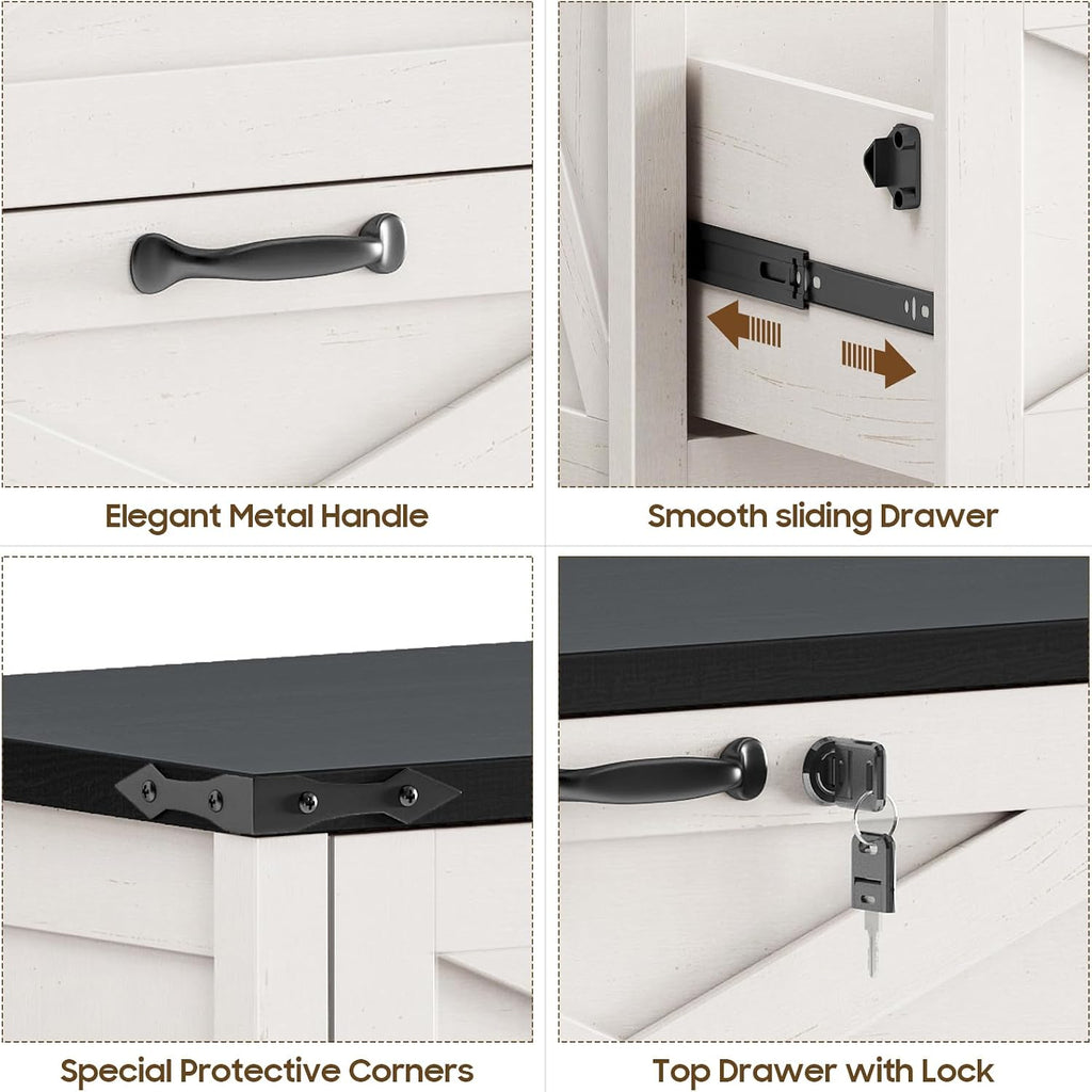 Farmhouse Lateral File Cabinet with 2 Drawers, White and Black | Lateral Filing Cabinet with Lock for Letter/A4/Legal