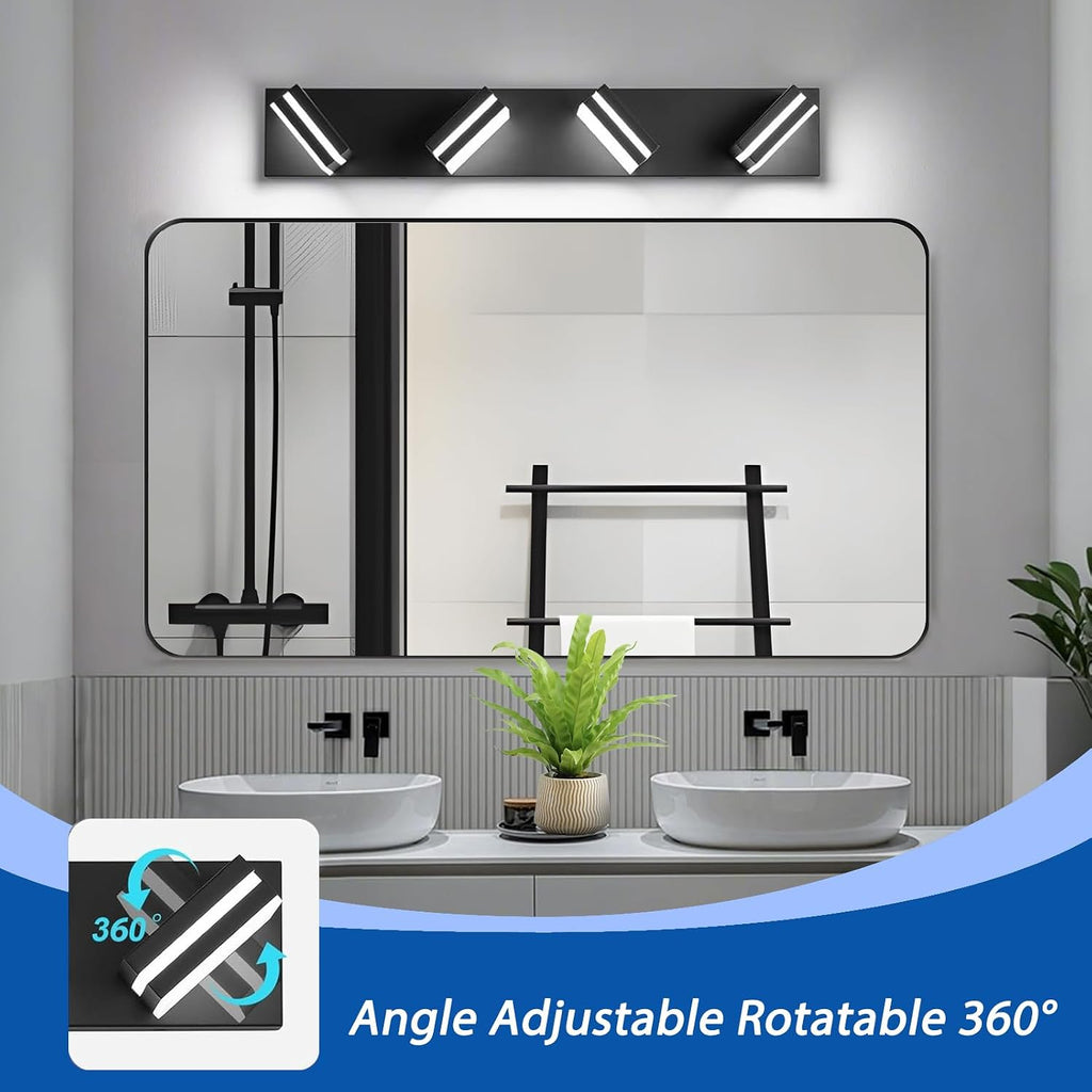 LED Modern Bathroom Lights Fixtures(4-Light,Dimmable,360°Rotate),Matte Black Acrylic Wall Lighting,Vanity Lights Over