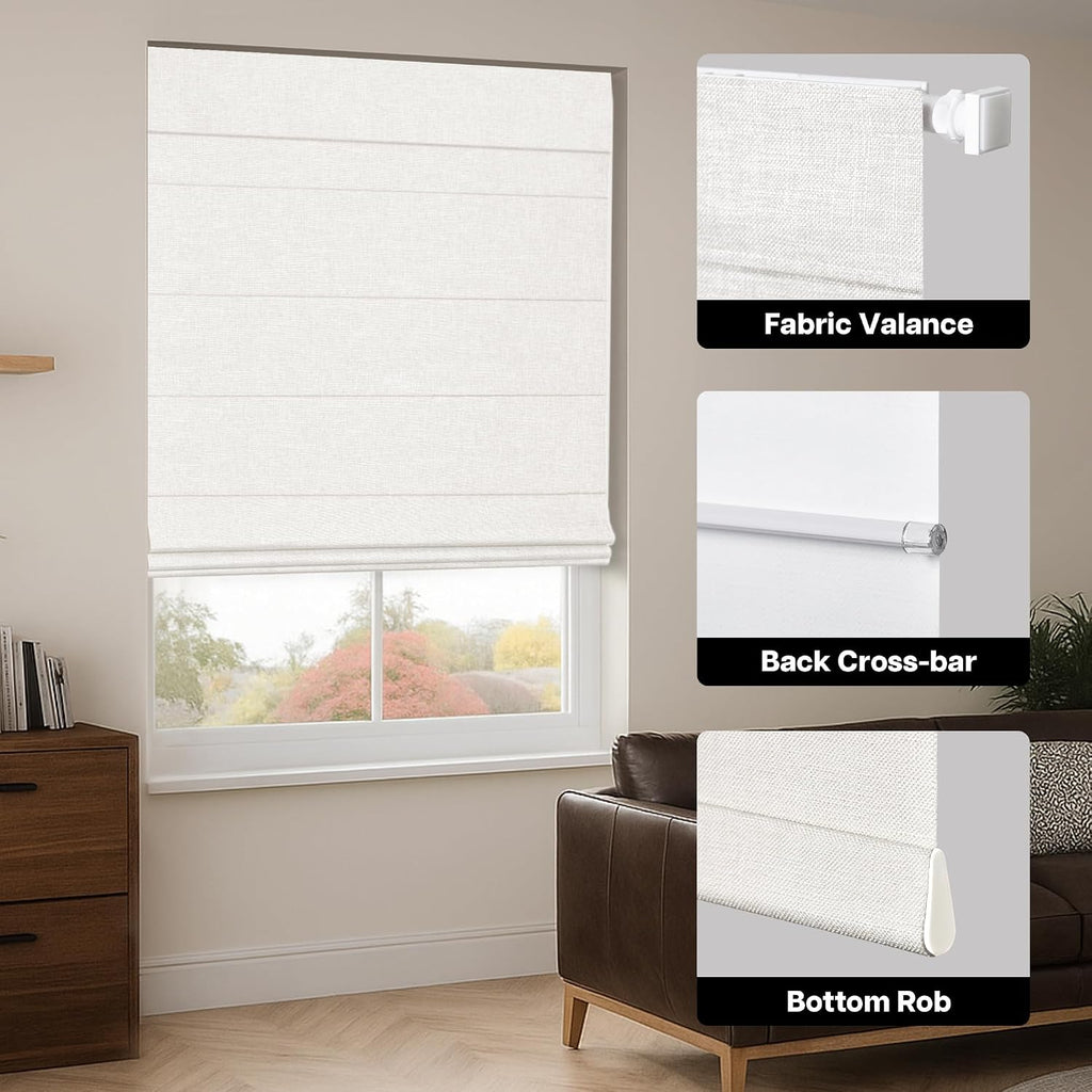 No Drill Cordless Roman Shades for Windows, 24" W x 60" H, White