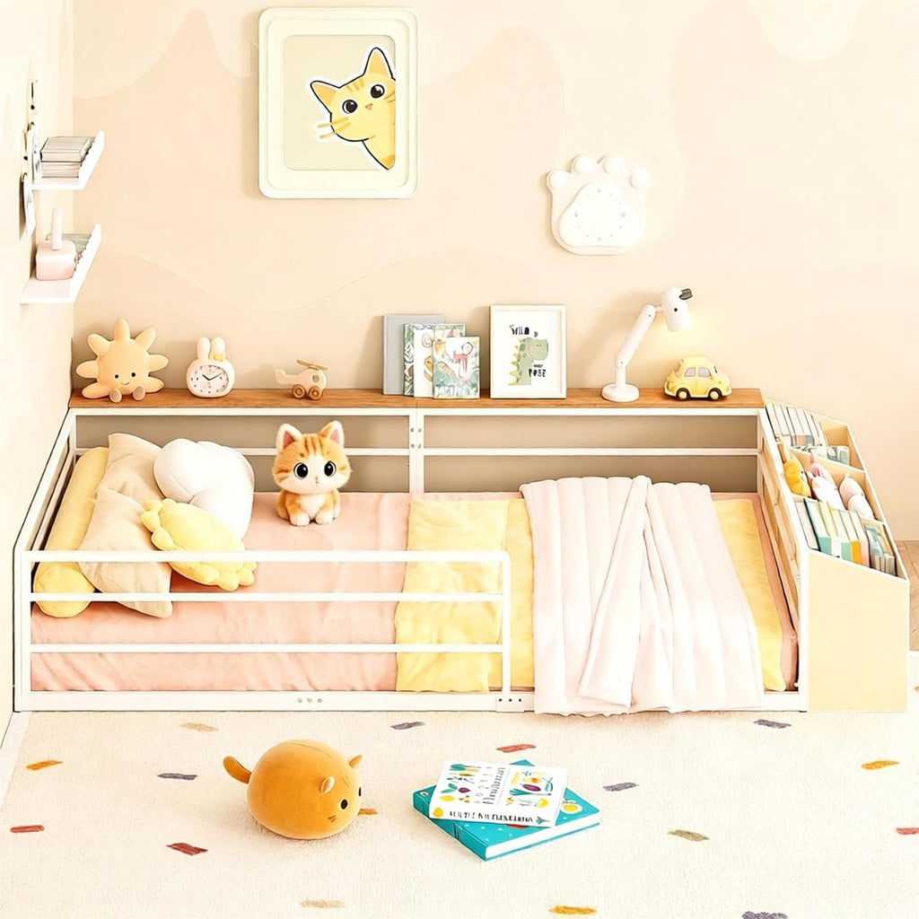 Twin Montessori Floor Bed Frame with Storage | Storage Organizer and Side Shelf, High Guardrail and Wide Entrance, No