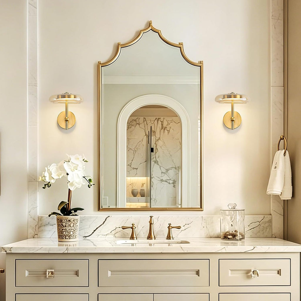 Modern Round Glass Wall Sconce in Brushed Gold, Contemporary Clear Glass Gold Sconce, Hardwired Indoor Wall Lighting