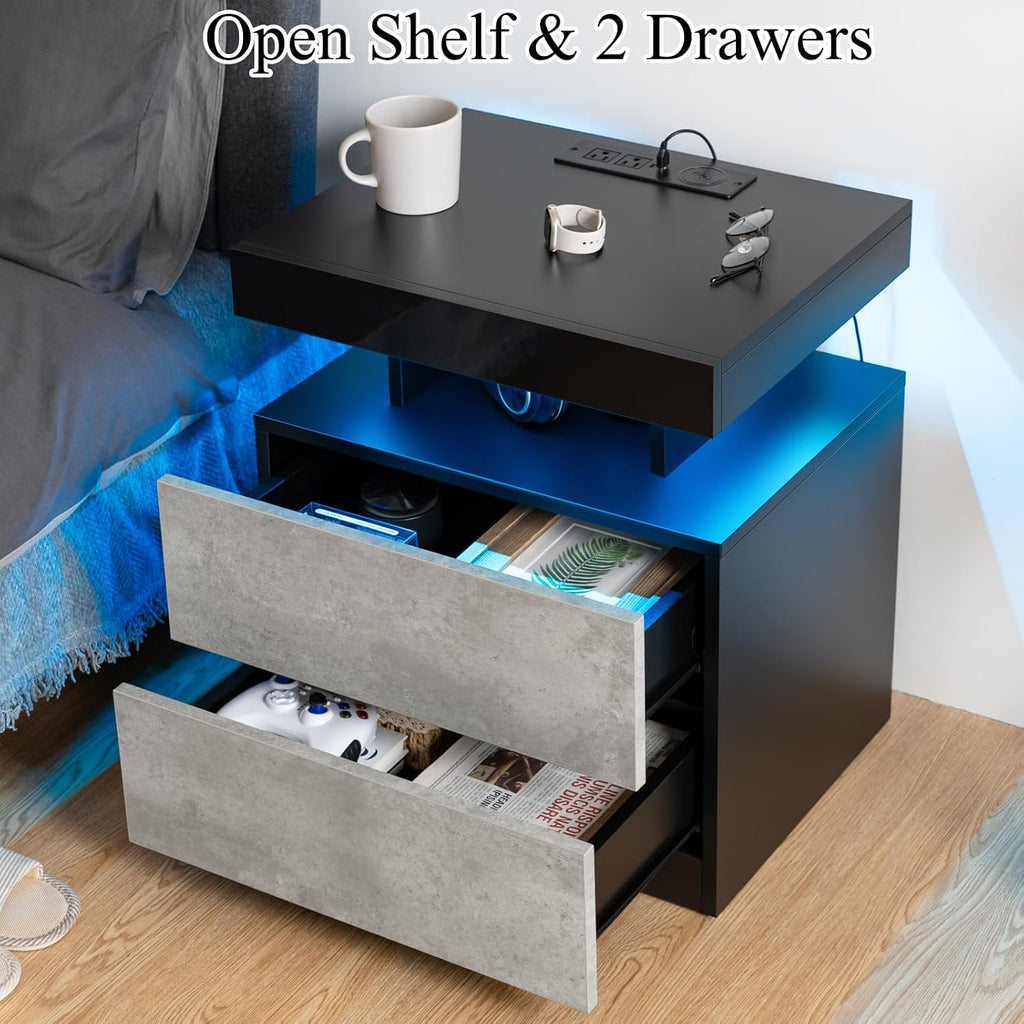 LED Nightstand with Wireless Charging Station & USB Ports High Gloss Bedside Table with LED Light RGB Adjustable