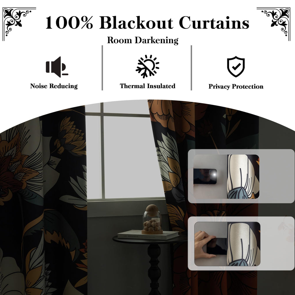 Black Boho Floral Grommet Blackout Curtains, 52W x 84L, 2 Panels