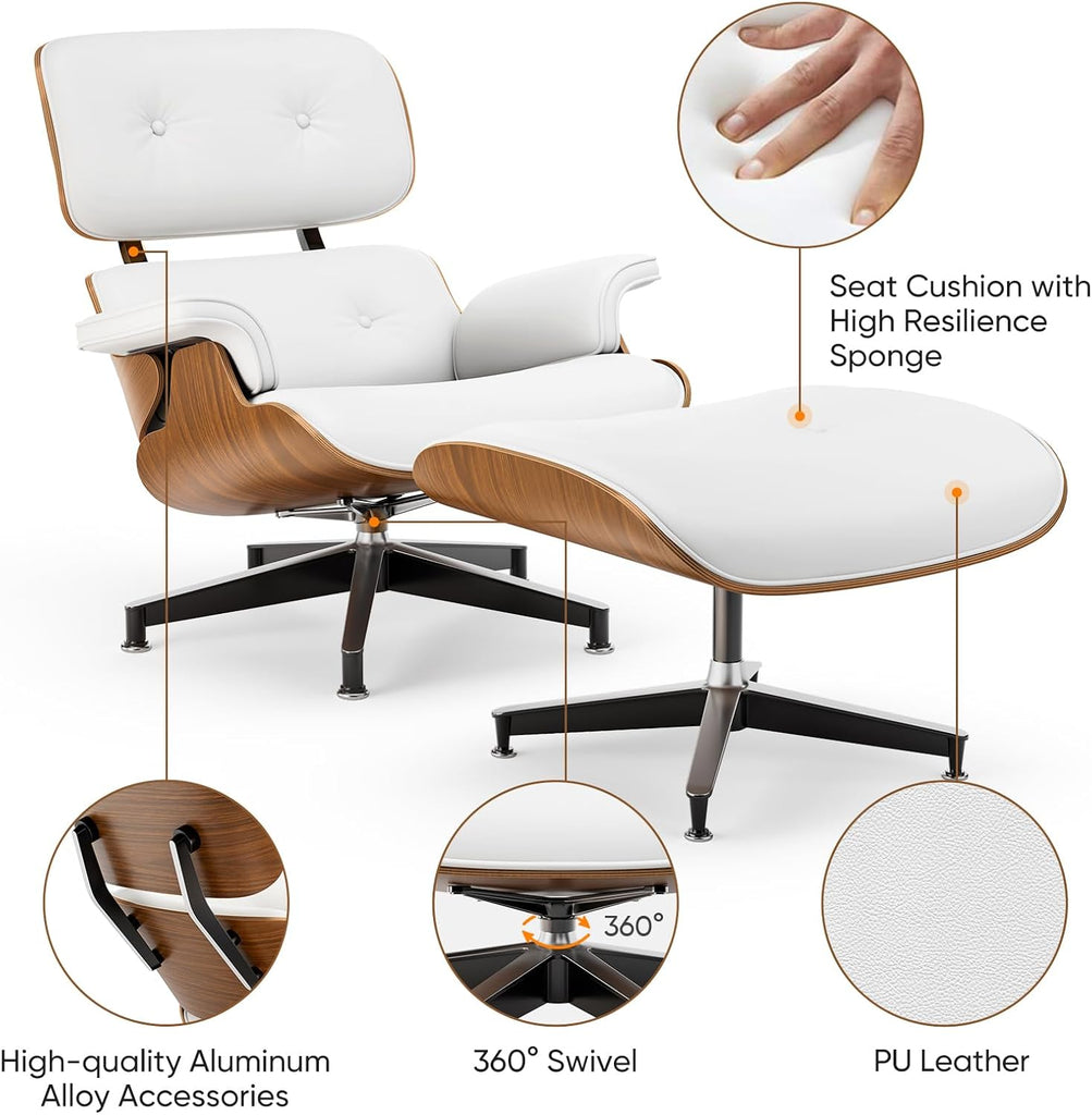 Mid-Century Modern Lounge Chair & Ottoman — White PU Leather, Walnut Base, Standard