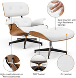 Mid-Century Modern Lounge Chair & Ottoman — White PU Leather, Walnut Base, Standard