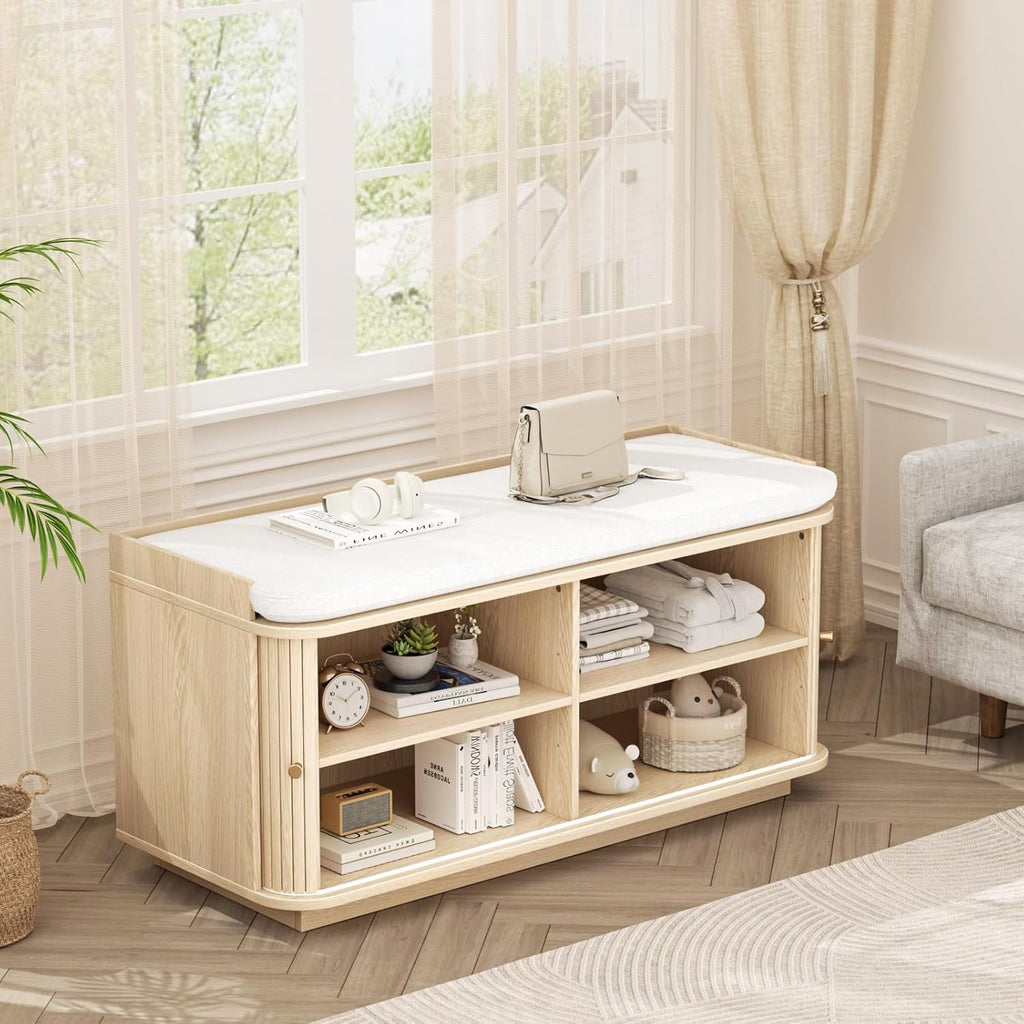 Hall Tree with Bench and Shoe Storage, Entryway Bench with Sliding Door Cabinet, Removable Padded, Metal Wall Hooks