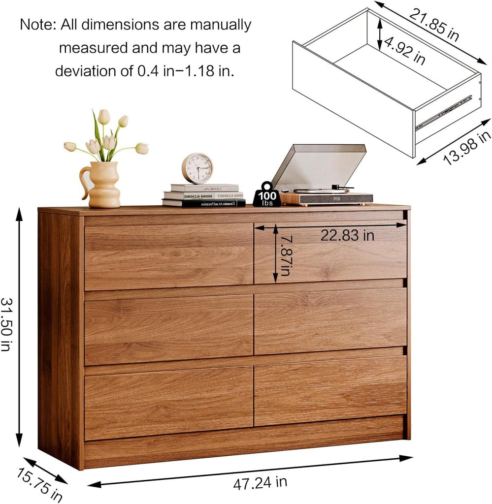 6 Drawer Dresser,47" Wide Mid Century Chest of Drawers,Wooden Bedroom Drawer Dresser with 6 Storage Drawers ,with