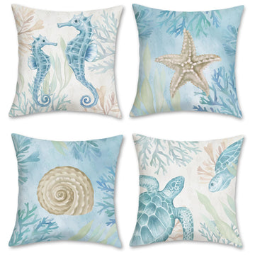 Ocean Beach Throw Pillow Covers 20 x 20 Inch Seahorse Turtle Starfish Coastal Outdoor Decorative Pillows Soft Velvet