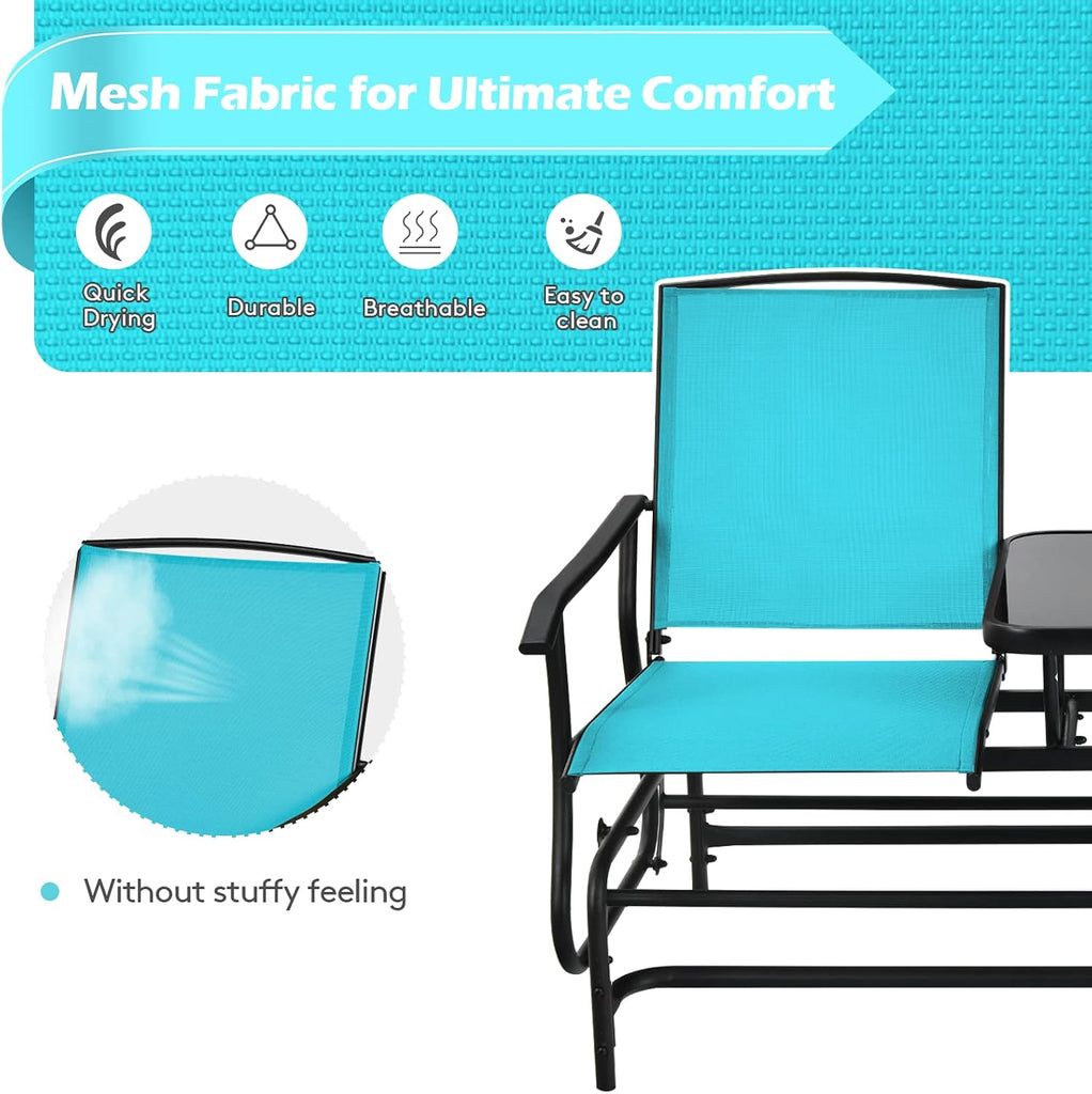 2 Person Outdoor Glider Bench w/Tempered Glass Table, Swing Patio Glider Chair with Steel Frame & Breathable Seat