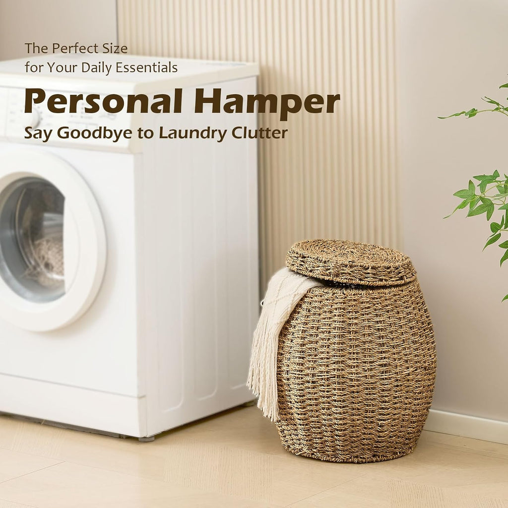 Round Wicker Basket with Lid, Handwoven Seagrass Storage Basket, Blanket Organizer Basket for Laundry, Bathroom
