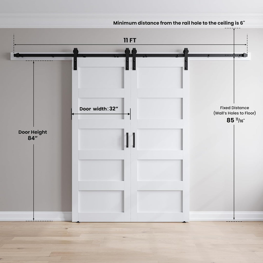 64in x 84in (Double 32x84 Door) White Barn Door with 11FT Sliding Door Hardware Track Kit Included, 