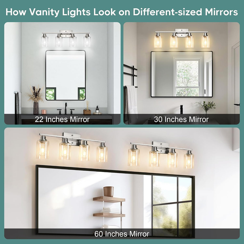 Bathroom Light Fixtures, 4-Light Vanity Light Over Mirror, Brushed Nickel Wall Sconces with Clear Glass Shades, Wall