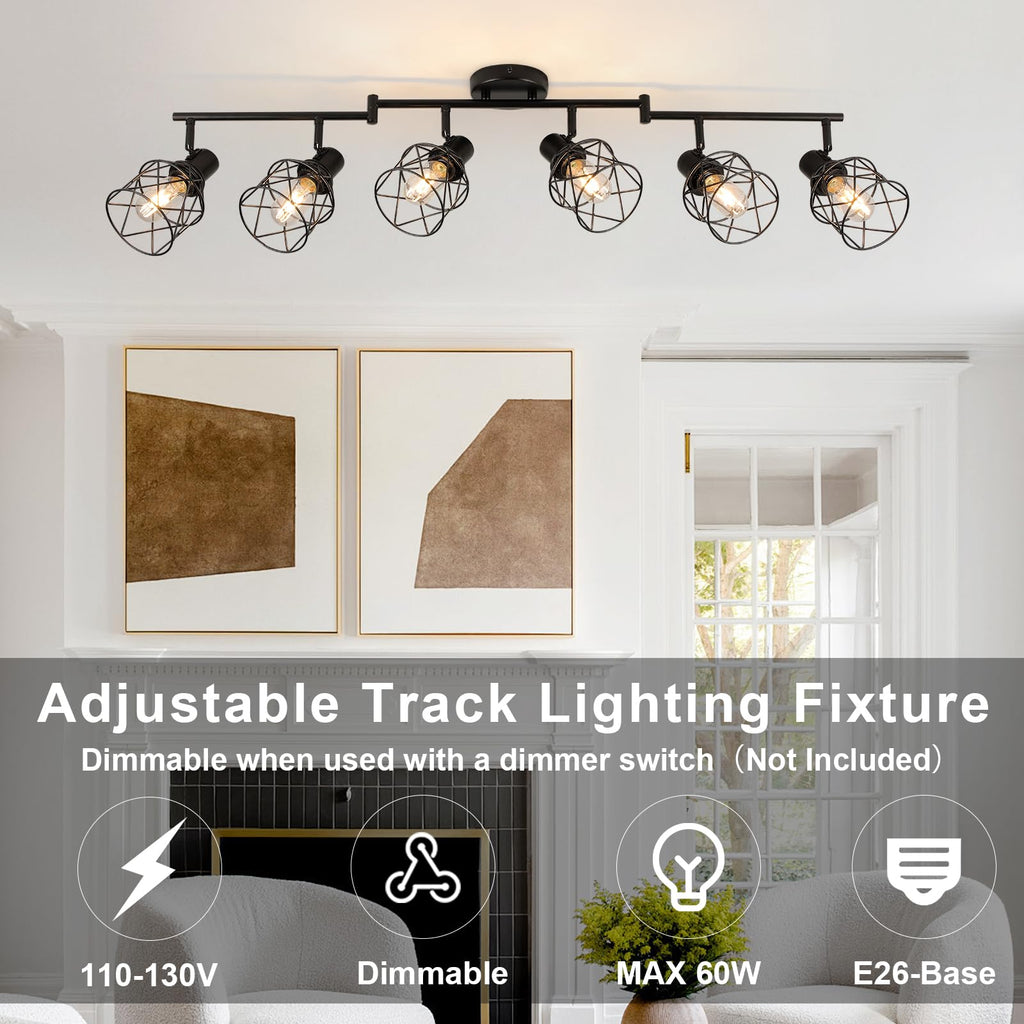 Track Lighting Kit 6 Way Ceiling Spotlight-Industrial Flush Mount Ceiling Light Black Kitchen Ceiling Light Fixtures