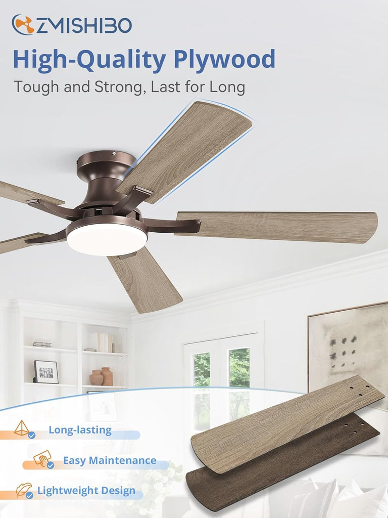 52 Inch Ceiling Fan with Light, App&Remote Control, Flush Mount Low Profile, Dimmable 20W LED Light, Quiet Reversible Motor for Bedroom, Living Room, Apartment, Brown
