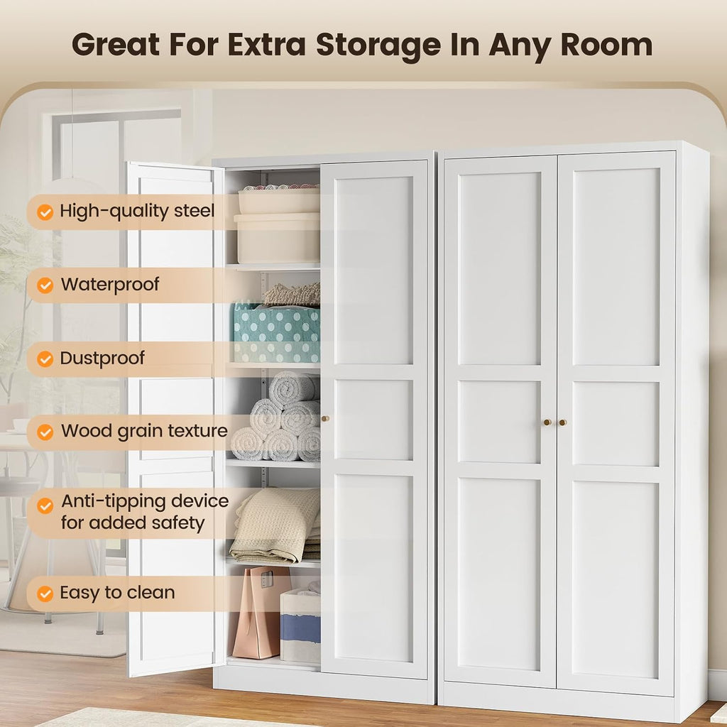 Metal Storage Cabinet - 71" White Kitchen Pantry with 2 Doors and 5 Adjustable Shelves, 5-Tier Tall Steel Locker