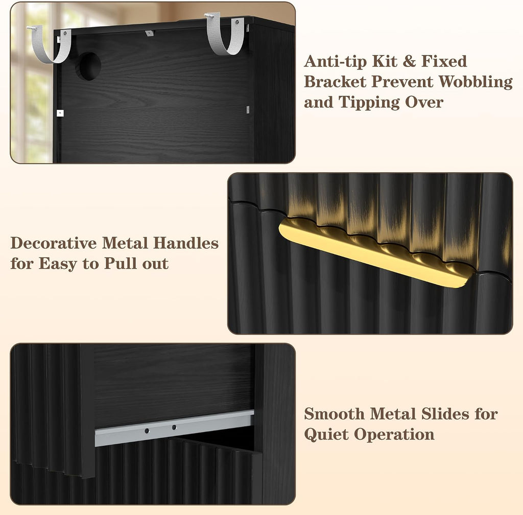 Black Fluted Nightstand Set of 2 with Charging Station, 3 Drawer Small Bedside Table, Faux Marble Top, 2 AC & Dual