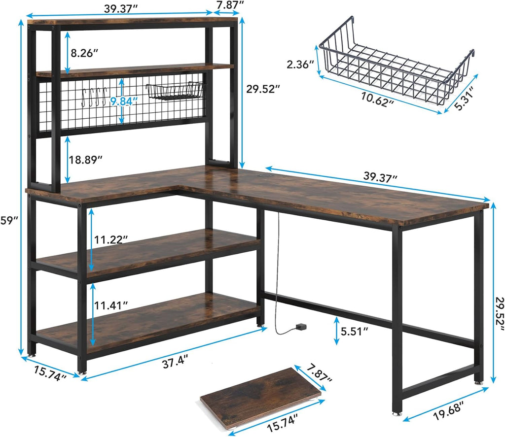 55" L-Shape Computer Desk with Hutch and Wireless Charging