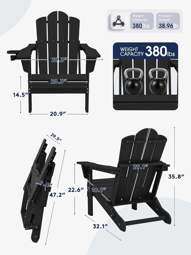 Adjustable Adirondack Chairs Set of 2, Folding Outdoor Chair, Black | | with Cup Holder | Reclining 3-Position