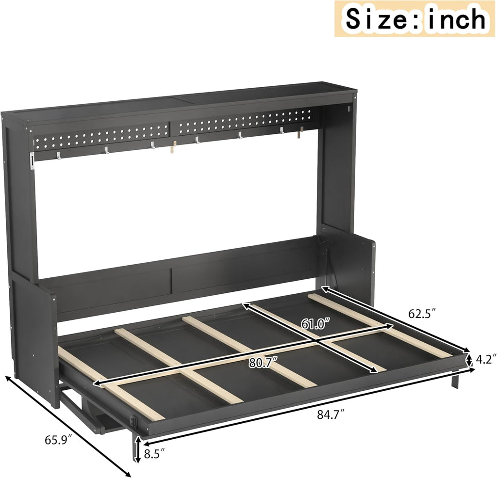 Queen Horizontal Cabinet Murphy Bed with Desk & USB Charging Station, Foldable Hideaway Wall Bed Frame with Solid