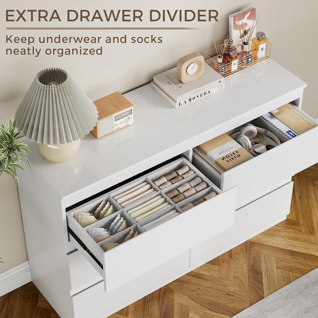 White Dresser Wood 6 Drawer Modern High Gloss | 47" Wide, Handle-Free, long, TV Stand, Storing CLothes, Dressers &