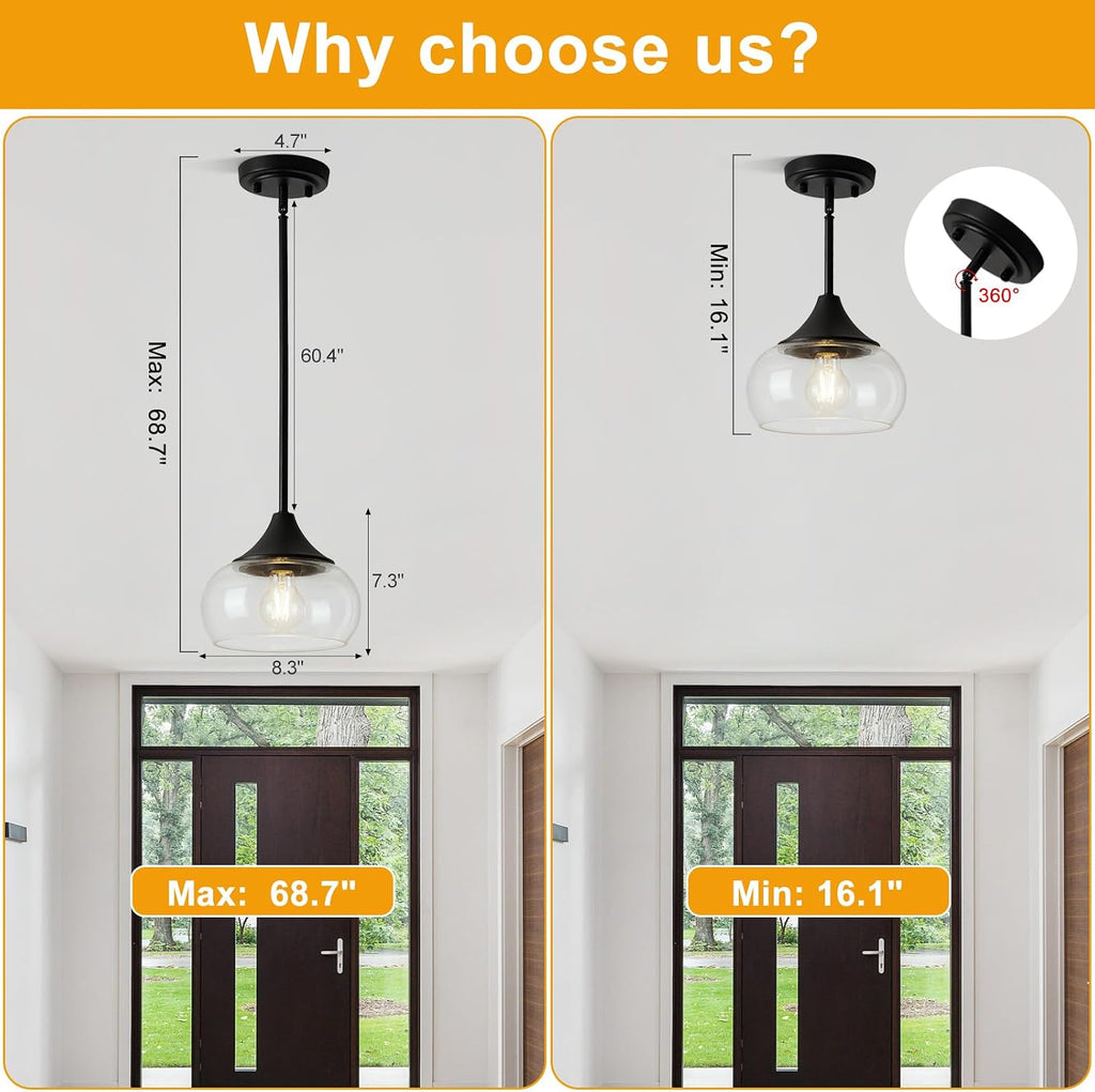 Modern Pendant Lights for Kitchen Island, Black Pendant Light Fixtures with 8.5" Clear Glass Shade, Industrial