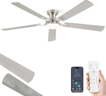 60 Inch Ceiling Fan with Light, App&Remote Control, Flush Mount Low Profile, Dimmable 20W LED Light, Quiet Reversible Motor for Bedroom, Living Room, Apartment, Nickel