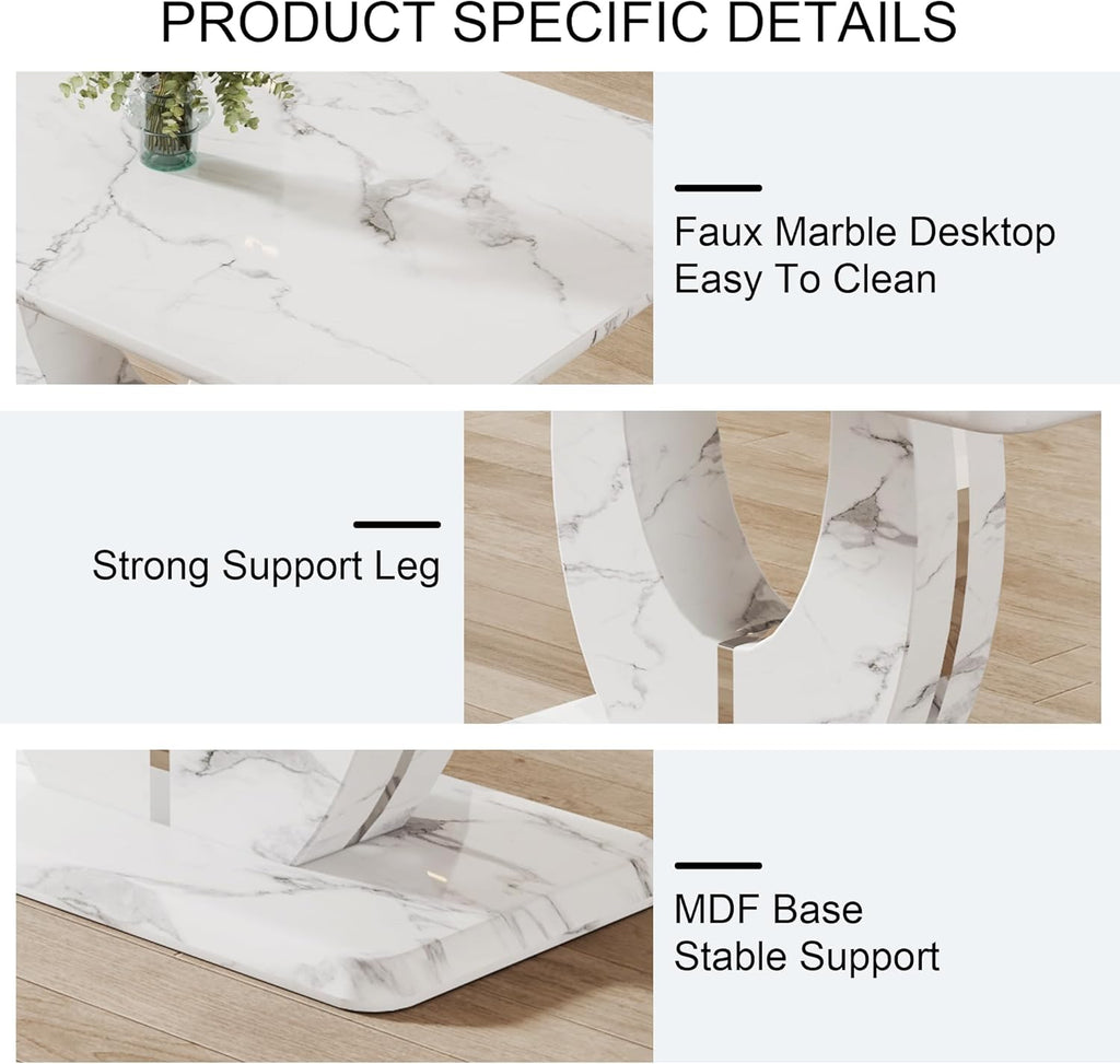 63" Faux Marble Dining Table, Modern Rectangular Kitchen Table with 1.8'' Thick MDF Tabletop, Rounded Corners, Stable