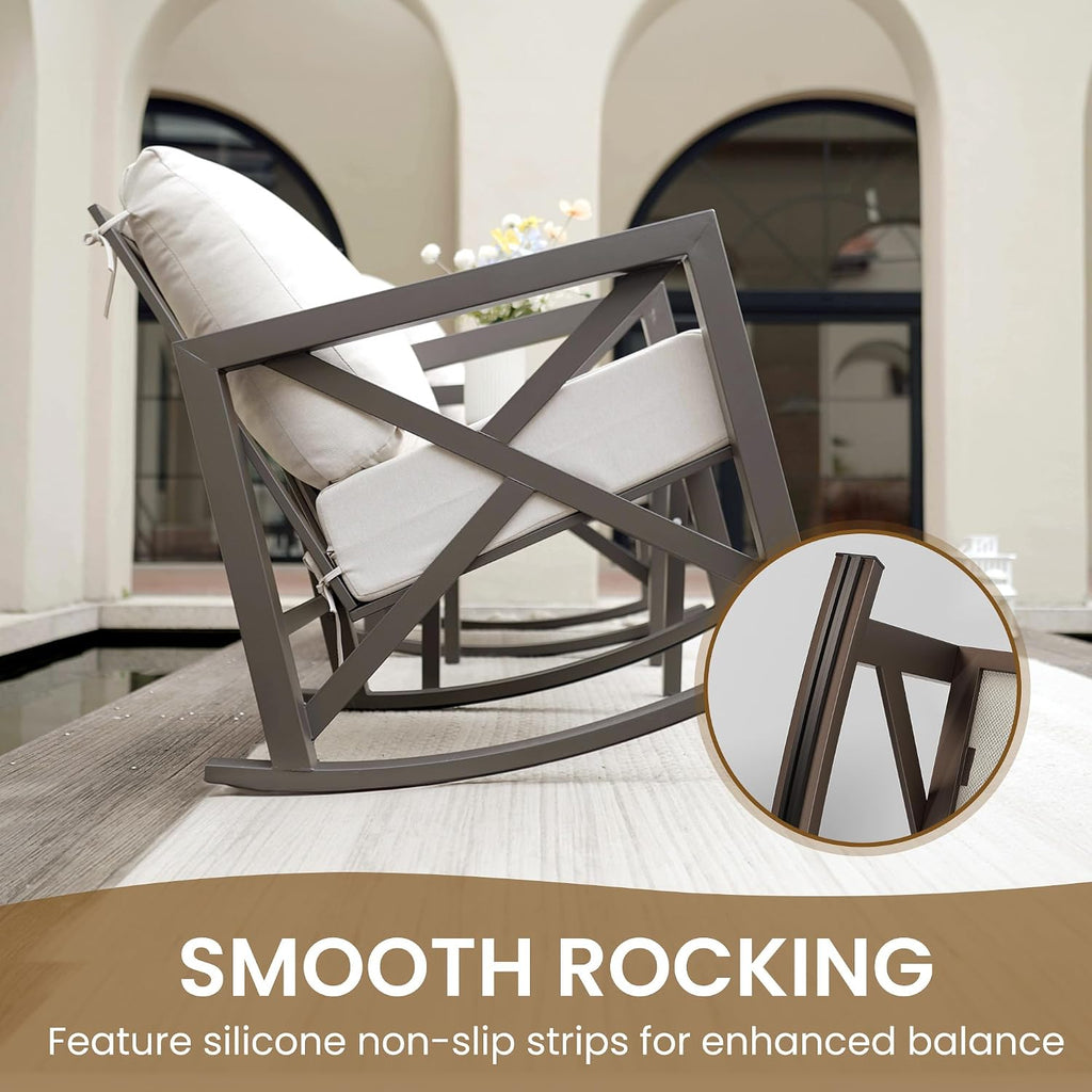 Rocking Chair Outdoor Set 2 w/Coffee Table, 3 Pc Metal Bistro Set | Metal Rocking 6.5" Water-Resistant Cushions