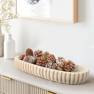 Decorative Dough Bowl Decor, 16" Hand-carved Wood Bowl | Rustic Table Centerpiece Tray with Vertical Stripes, Home