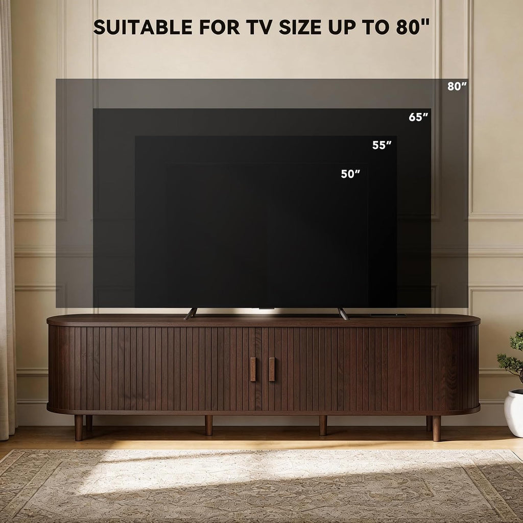 70" Mid Century Modern TV Stand with Power Outlet, Fluted Entertainment Center with Storage and Adjustable Shelves