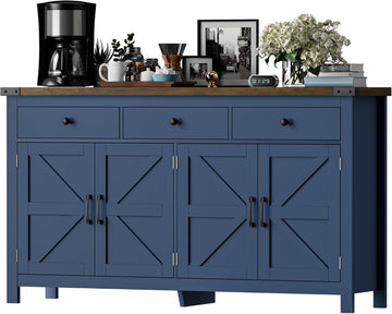 63" Sideboard Buffet Cabinet with Storage, Coffee Bar with 3 Drawers and 4 Barn Doors