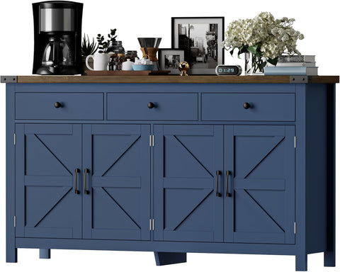 63" Sideboard Buffet Cabinet with Storage, Coffee Bar with 3 Drawers and 4 Barn Doors
