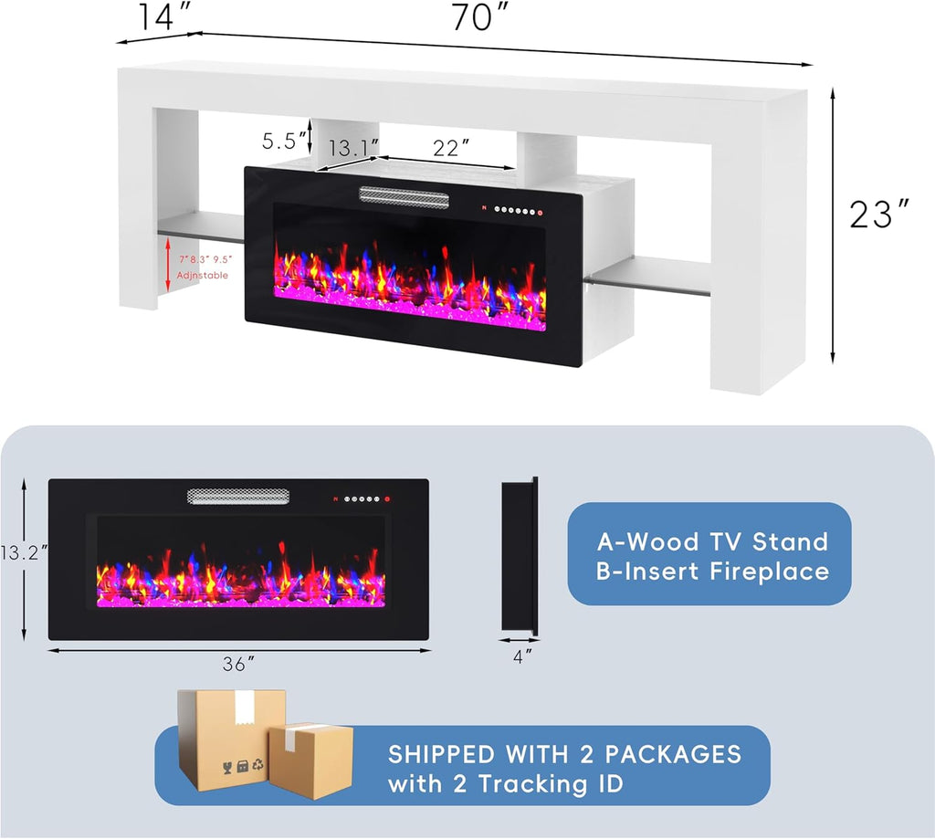 70 Inch Fireplace TV Stand for TVs up to 80 Inches, High Gloss Entertainment Center with 36 Inch Electric Fireplace, 7-Color LED Strip and Adjustable Glass Shelves, White