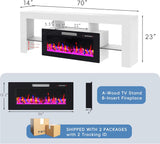 70 Inch Fireplace TV Stand for TVs up to 80 Inches, High Gloss Entertainment Center with 36 Inch Electric Fireplace, 7-Color LED Strip and Adjustable Glass Shelves, White