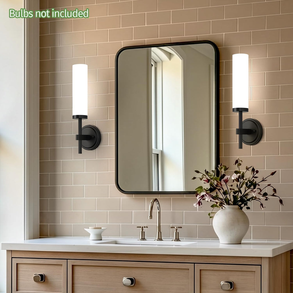 Hardwired] Wall Sconces Set of Two, Matte Black Bathroom Sconces with Milky White Glass, Modern Wall Light Fixtures