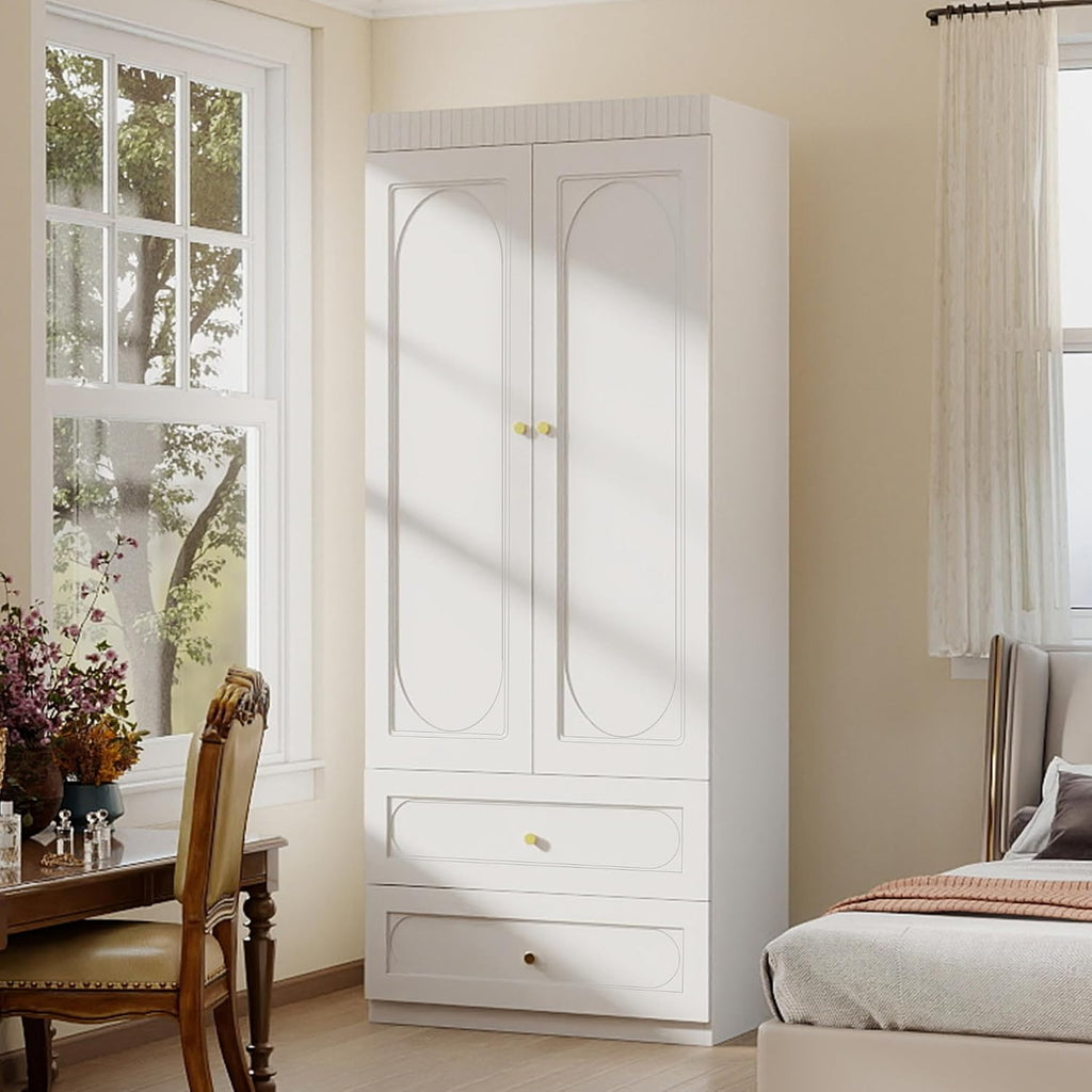 Bedroom Armoire Wardrobe Closet, 75" Tall Wardrobes Closet with 2 Drawers and 2 Doors, Wooden Clothes Cabinets