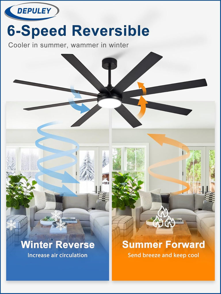 72" Ceiling Fans with Lights: Black Indoor/Outdoor Ceiling Fan for Patios Living Room - 8 Blades Dimmable Large