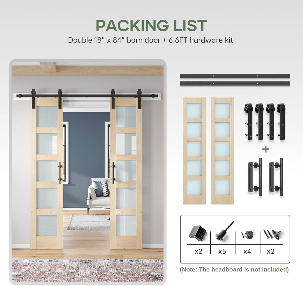 Double 18×84 inch Glass Sliding Barn Door Slab with 6.6ft Hardware Kit Included, 5-Panel Frosted Gla