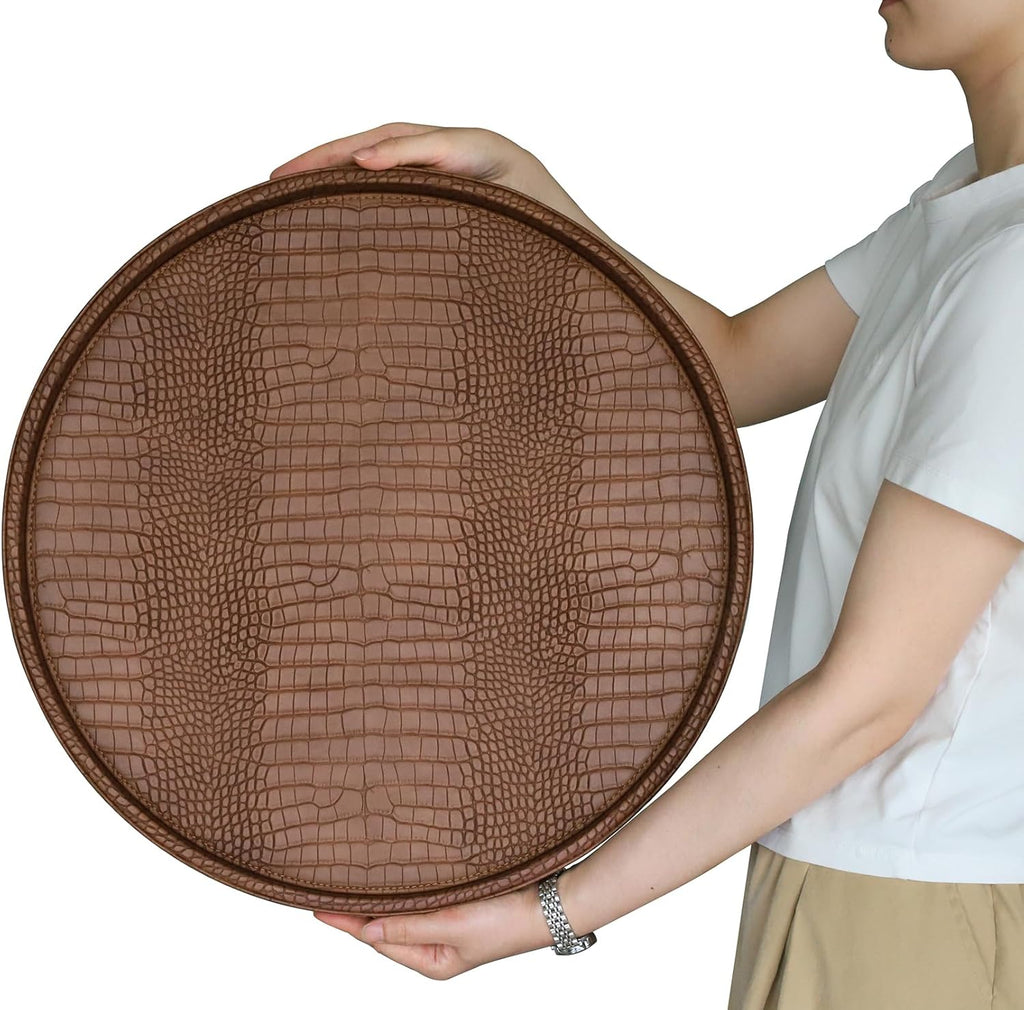 Round Serving Tray 20'', Elegant Faux Leather Circle Ottoman Table Tray, Serve Tea Coffee Breakfast Living Room