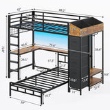 Bunk Bed Twin Over Twin with Hall Tree, Charging Station and LED Lights, L-Shaped Bunk Bed with Desk