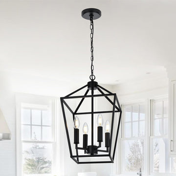 Farmhouse Chandelier 4 Lights Lantern Pendant Light in Black Finish Vintage Openwork Cage Hanging Light Ceiling for Kitchen Island Dining Room Hallway Entryway, E12 Base