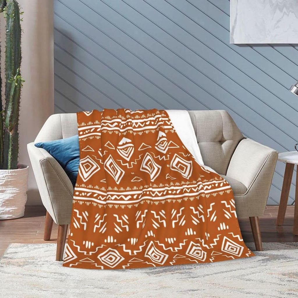 Orange White Retro Boho Tribal Western Modern Throw Blanket Gifts for Women, Soft Fuzzy Warm Cozy Flannel Blankets