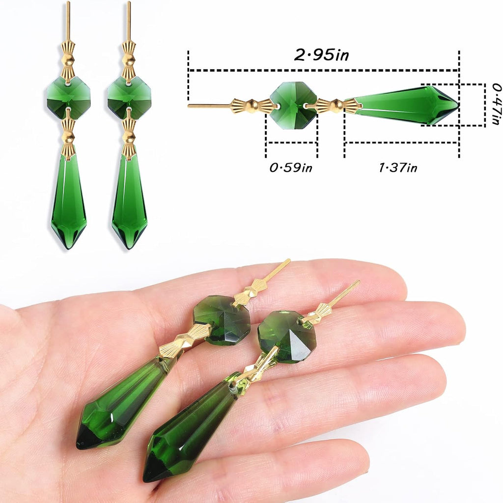 20pcs Green Crystals Prisms Glass Tip Beads Replacement Chandelier Icicle Drop Pendants Octagon Crystal Beads Gold