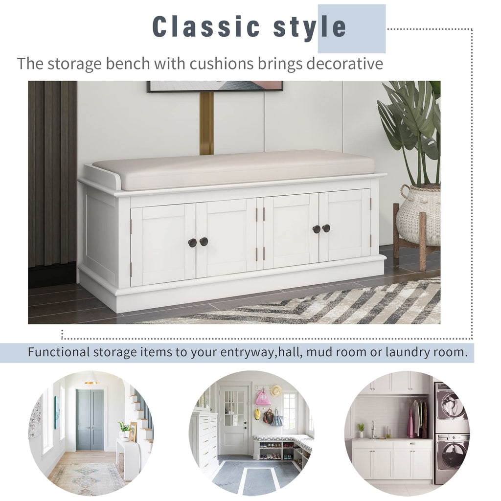 Farmhouse Storage Bench, Wood Storage Benches with Adjustable Shelves, Shoe Bench with Storage and Removable Cushion