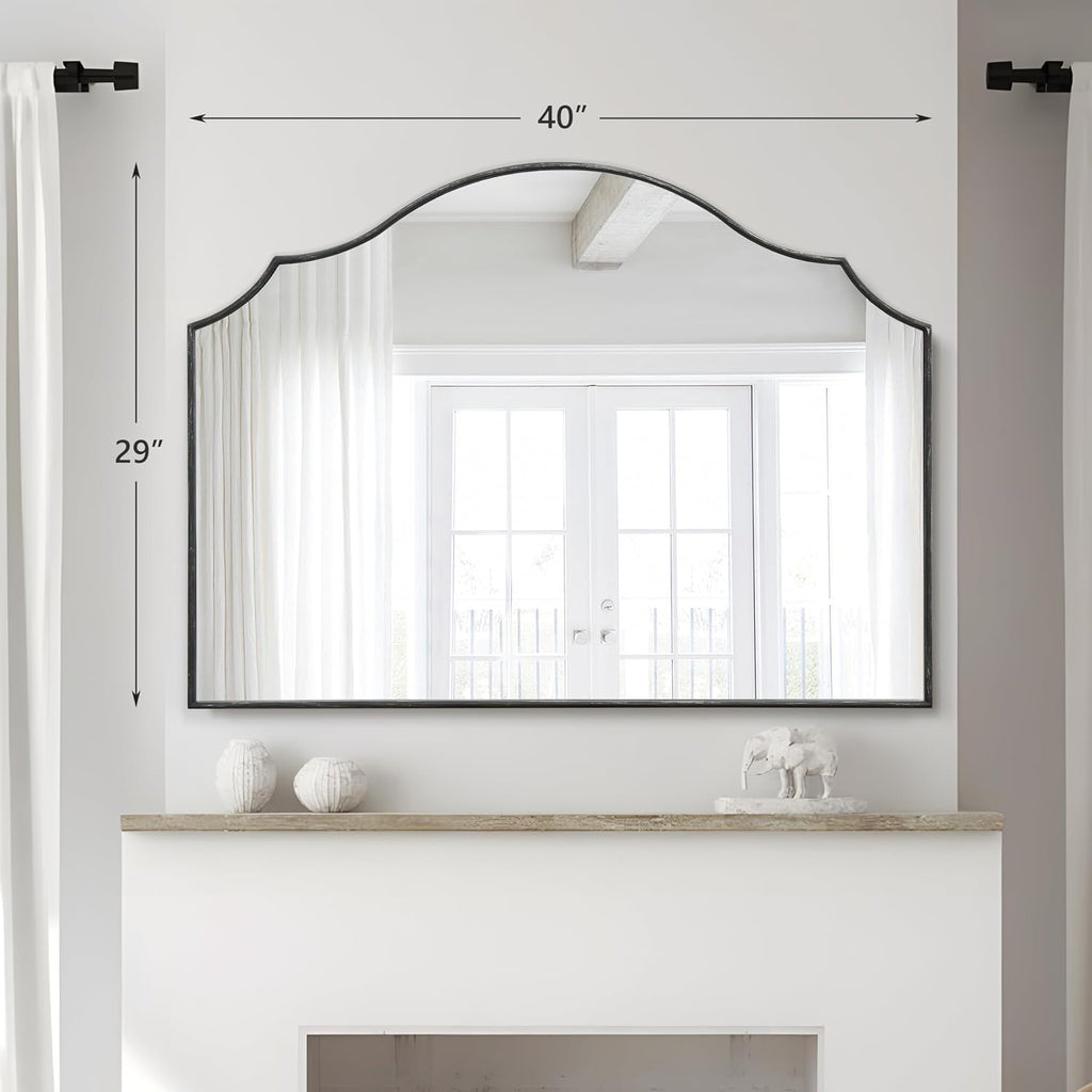 Black Scalloped Wall Mirror: 40"x29" Large Modern Wooden Arched Dresser Mirror - Minimalist Fireplace Mirrors