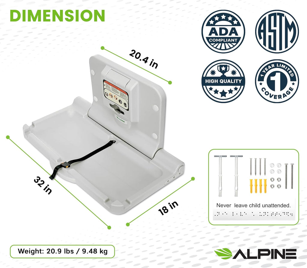 Wall Mounted Baby Changing Station - Horizontal Baby Changing Table Foldable Diaper Tables with Safety Strap for