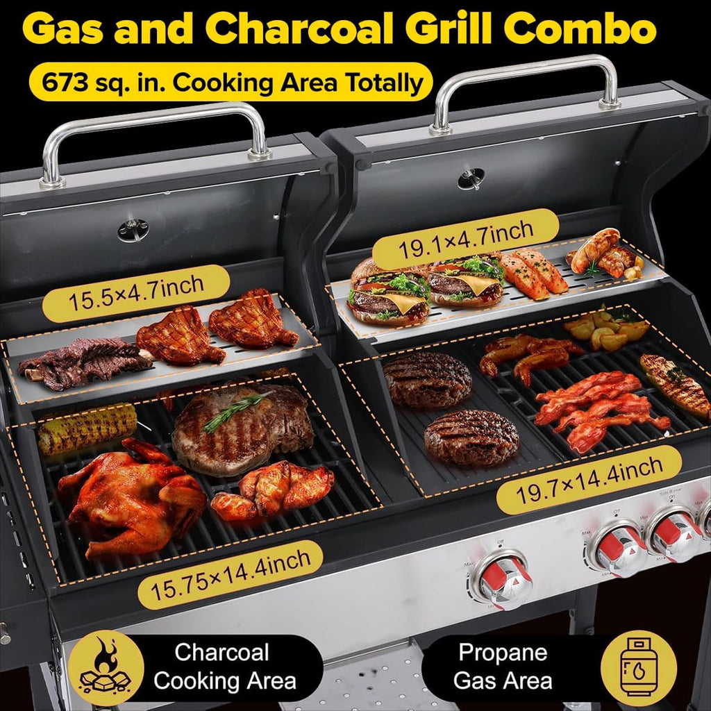 3-Burner Propane and Charcoal Grill Combo with Side Burner, 41,500 BTU BBQ Grill with Cast Iron Grates for Patio, Garden, Balcony, or Camping